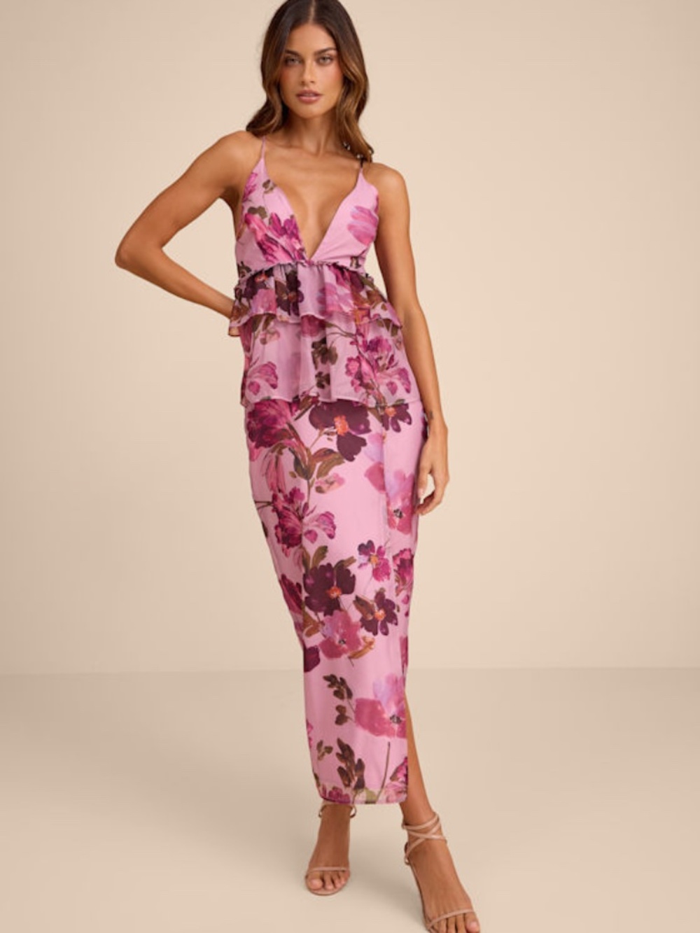 Lulus Abella Lilac Floral Peplum Lace-up Midi Dress Purple - Size L